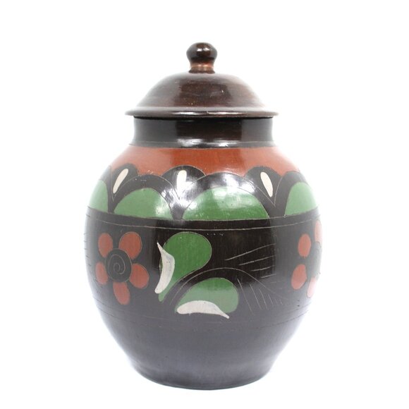 MEXICAN FOLK ART DARK BROWN CLAY POTTERY GINGER POT HAND-PAINTED FLORAL DESIGN - Picture 3 of 10